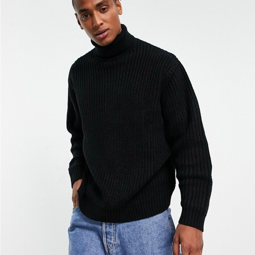ZARA Men's Black Cotton Rib-knit Turtleneck Sweater